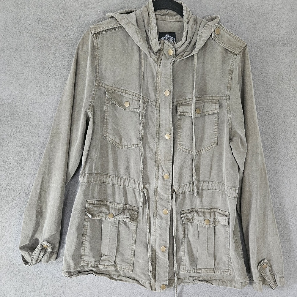Vintage Y2K Angie Large Trench Cargo Jacket Army Green Full Zip Hood Grunge